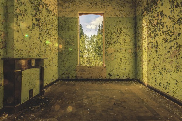 Abandoned room with shimmering green walls and a window overlooking trees, Prison H11, Lost Place, Verviers, Province of Liège, Belgium