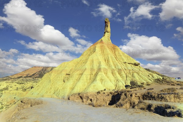 The picturesque and unusual rock of Castildetierra. Bardenas Reales, the Spanish province of Navarre. Rock formations are unparalleled in Europe. Journey to the Spanish autumn