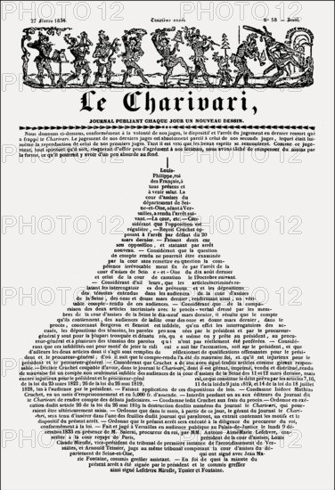 Front page with the verdict against an editor in pear shape, the magazine Le Charivari, 1834