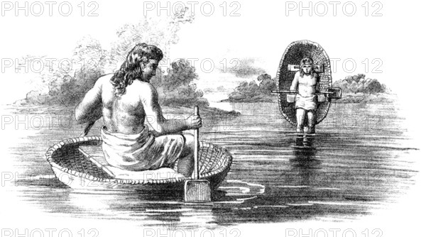 Prehistoric Britons with coracle, small and lightweight boats, first Century BC