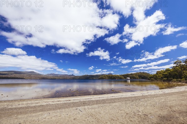 Pumphouse Point and Lake St Clair on a hot summer's day in Tasmania, Australia