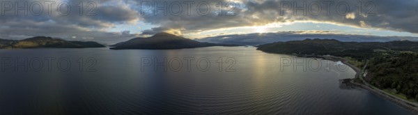 Evening mood at Loch Alsh with Tulach Ard hill and Skye Bridge, drone shot, Reraig, Kyle, Scotland, Great Britain