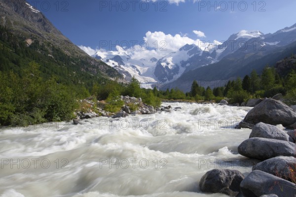 Swiss mountain landscape of the Morteratsch Glacier Valley hiking trail in the Bernina Mountain Range