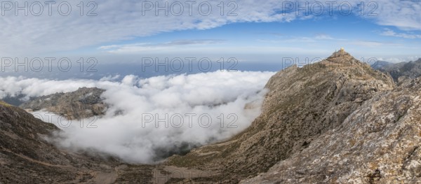 Top of Puig Major with the radar installations surrounded by mist, Serra de Tramuntana, Majorca, Balearic Islands, Spain