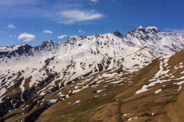 Panoramic view from the Seiser Alm to the Dolomites in Italy, drone shot