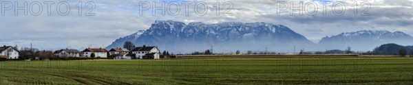 Panorama with green fields and mountains in the background, Ainring, Upper Bavaria