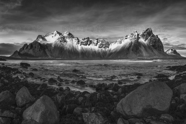 Vestrahorn mountain range and Stokksnes beach panorama, near Hofn, Iceland. Vatnajokull National Park