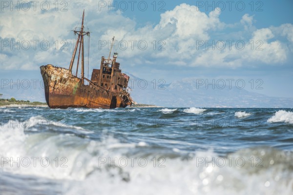 Old rustic big ship. Blue sky