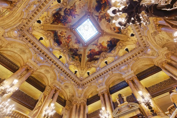 PARIS, FRANCE, MARCH 14, 2017 : interiors, frescoes and architectural details of the palais Garnier, Opera of Paris, march 14, 2017 in Paris, France