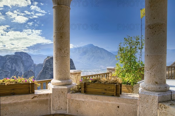 Monastery of Varlaam photographed on a sunny day with a view on the mountain on the opposite side