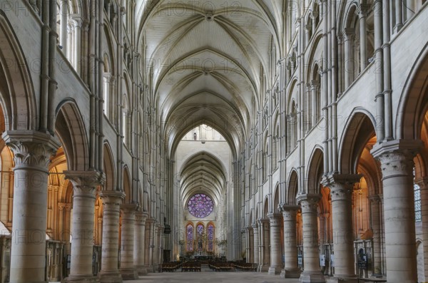 Laon Cathedral is one of the most important examples of the Gothic architecture of the 12th and 13th centuries located in Laon, Picardy, France.Interior, main nave