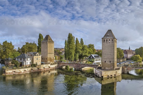 View of medieval bridge Ponts Couverts from the Barrage Vauban in Strasbourg, France