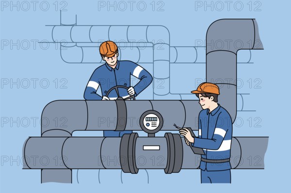 Male workers in uniform inspect and maintain water tubes and pipes. Mechanics control pipeline work, use measuring tools and equipment. Flat illustration