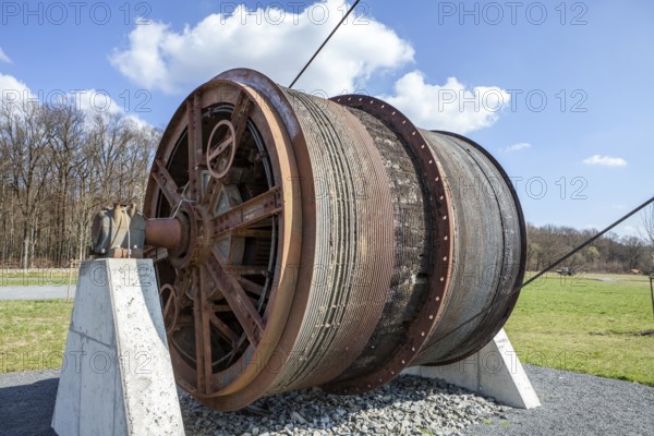 The winch drum of the Barbaraturm tower, an historical shaft tower, Steinberger Höhe, Malberg, Rhineland-Palatinate, Germany