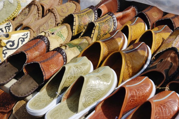A lot of various Mongolian leather slippers for sale