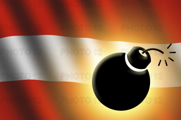 The Austrian flag and bomb illustration. Closeup