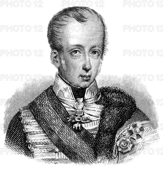 Portrait of Ferdinand I, 1793 - 1875, Emperor of Austria, President of the German Confederation, as Ferdinand V King of Hungary and Bohemia, Portrait von Ferdinand I. Karl Leopold Joseph Franz Marcellin, genannt der Gütige, 1793 - 1875, Kaiser von Österreich und König von Böhmen und als Ferdinand V. König von Ungarn und Kroatien