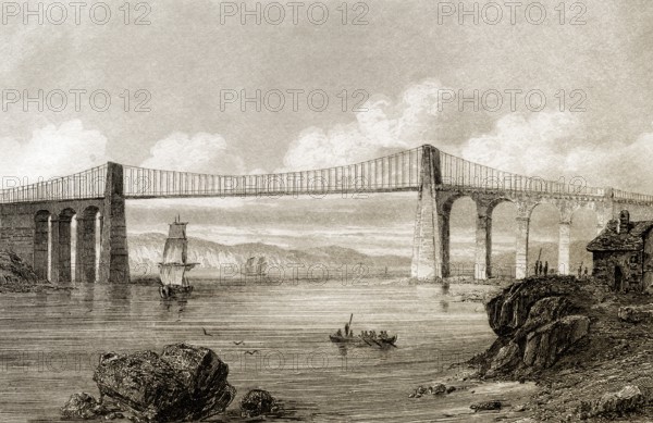 Die Menai-Hängebrücke, Wales, England, 19. Jahrhundert