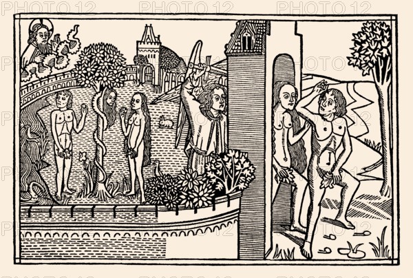 The Expulsion of Adam and Eve, wood engraving, Kölner-Bibel, Cologne bible, 1478