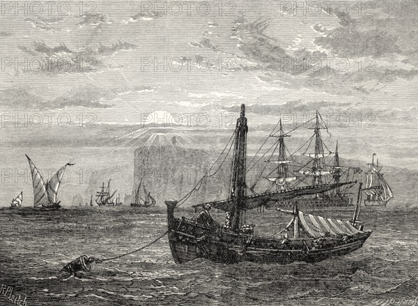 Historical view of Cape Trafalgar, Province of Cádiz, Spain, 18th century, From British Battles on Land and Sea by James Grant