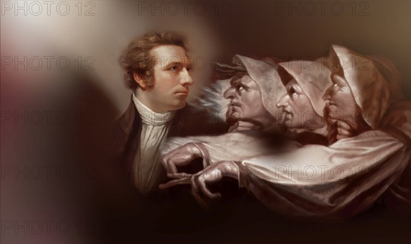 Henry Fuseli or Johann Heinrich Füssli, 1741 – 1825, Swiss painter, draughtsman and writer, digitally edited after Northcote, 1778, Prophecy from the witches, scene from The Tragedy of Macbeth by William Shakespeare