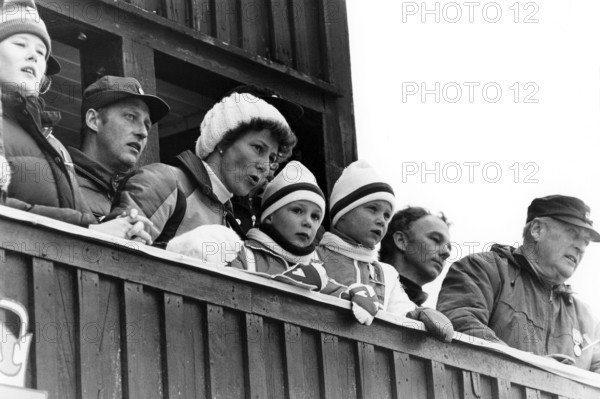 King Harald of Norway. Pictured when being crown prince with his wife Sonja 1978 together with their children Haakon Magnus and Märtha Louise. Far right king Olav V