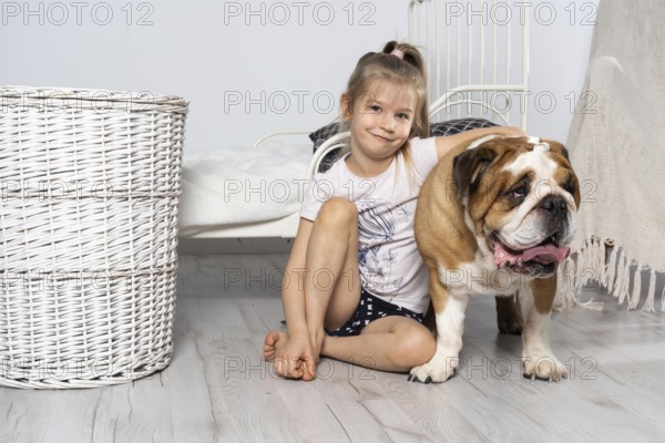 A young girl in a bedroom, sitting on the floor with her dog and stroking him. Child and dog. The English Bulldog is a purebred dog with a pedigree