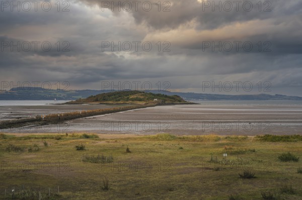 View from Cramond Beach to Cramond Island, City of Edinburgh, Scotland, UK