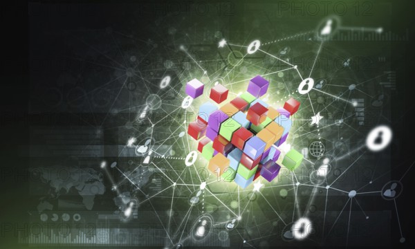 Conceptual background image with cube figure and social connection lines. 3d rendering
