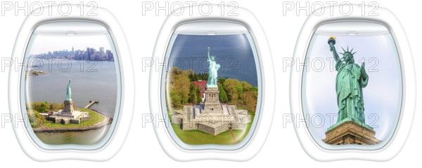 Three porthole frame windows helicopter view of Liberty Island and the famous Statue of Liberty monument symbol of New York City, United States
