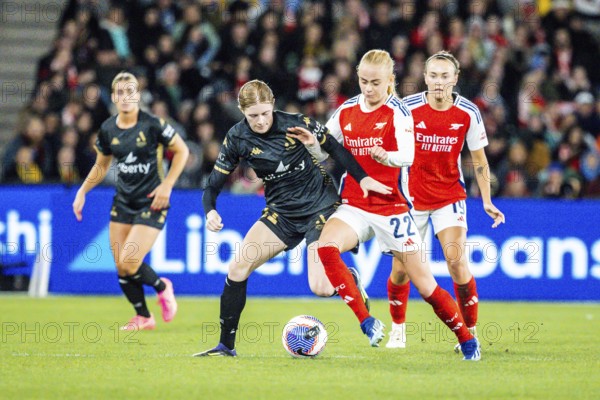 MELBOURNE, AUSTRALIA, MAY 24: Kathrine Kuhl of Arsenal Women FC competes against Cortnee Vine of A-League All Stars Women team during the Global Football Week at Marvel Stadium on May 24, 2024 in Melbourne, Australia