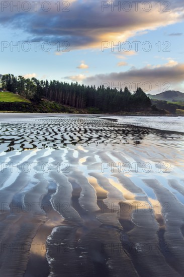 Sunrise over the ocean. Artistic postal and greeting card. Strips of sand and water left by the ocean tide. New Zealand, Pacific Coast. The concept of artistic photography