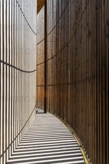 Berlin, Germany, July 28, 2019: Chapel of Reconciliation. Interior gallery covered with wooden lattice