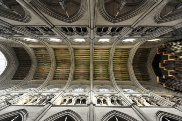 Catedral de Nuestra Señora de la Almudena, Santa María la Real de La Almudena, Almudena Cathedral, Madrid, Spain, Europe, Detailed church ceiling with geometric patterns and a large pipe organ