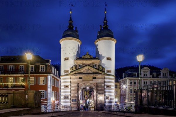 Night view of Heidelberg with illuminated castle and bridge over the Neckar, Old bridge in Heidelberg on the Neckar, Illuminated castle and bridge over the Neckar in an atmospheric night shot of Heidelberg, Old bridge in Heidelberg on the Neckar bridge gate