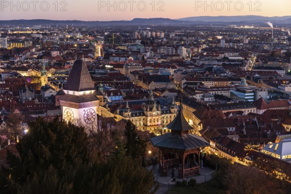 Evening atmosphere, view from the Schlossberg to the clock tower and the historic city centre, Graz, Styria, Austria