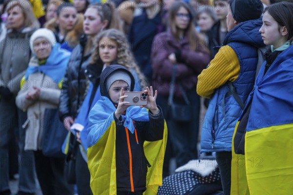 24 February marked the third anniversary of Russia's invasion of Ukraine. To mark the occasion, Ukrainian war refugees living in Dresden and their supporters demonstrated on the Neumarkt in front of the Church of Our Lady and then marched through the city centre, Dresden, Saxony, Germany