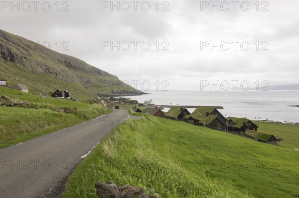 Kirkjubøur on the Faroe Islands with typical houses, church and road, Kirkjubøur, Faroe Islands, Denmark