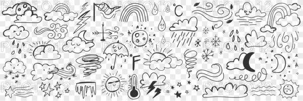 Various weather conditions doodle set. Collection of hand drawn clouds rain storm thunder lightning frost and cold weather isolated on transparent background. Illustration of precipitation concept