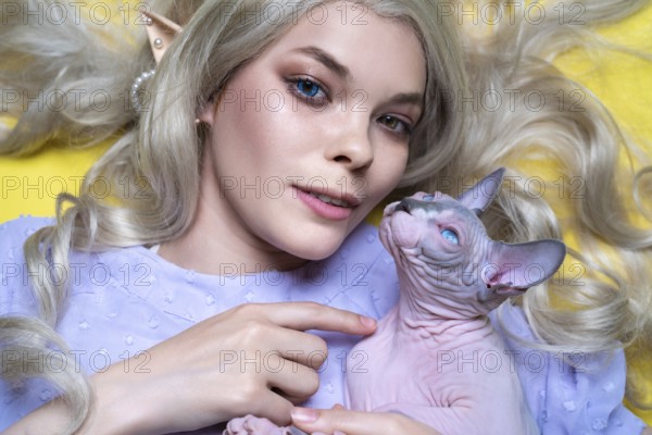 Portrait of cosplay elf young woman in blue dress, with luxury curly blonde long hair, different colors eyes, pierced ears. She points finger at Sphinx cat, who looks at her. Yellow background