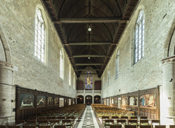 Belgium, 02 20 2019: Classic symmetrical interior design of the La Cambre Abbey