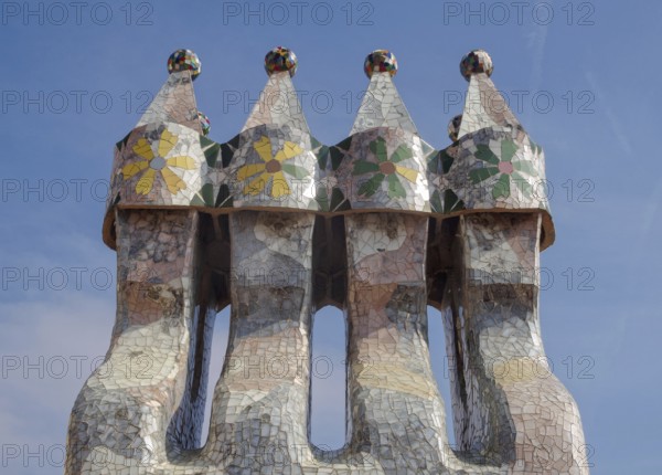 Colourful chimneys of Casa Batllo, Barcelona, Catalonia, Spain