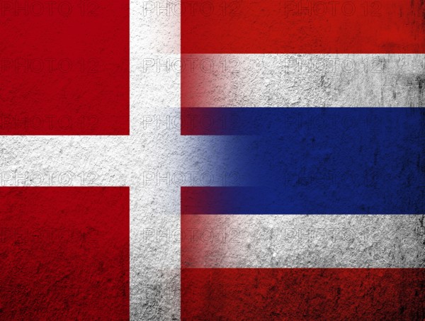 The Kingdom of Denmark National flag with The Kingdom of Thailand National flag. Grunge Background