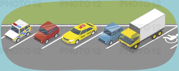 3D Isometric Flat Illustration of Parking Lot, Angel Parked Vehicles