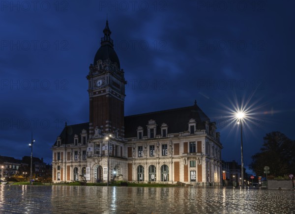 Laeken, Brussels Capital Region, Belgium- 11 09 2021: The town hall with the rain reflecting on the pavement of the square