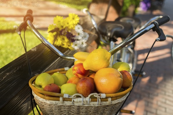 Basket filled with fruits. Bicycle near fence. Vitamins and energy of sun. Juicy apples and sweet peaches