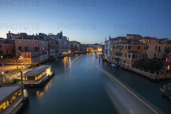 View of the Grand Canal from the Ponte dell'Academia, light trails, long exposure, blue hour, Venice, Italy