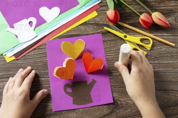 Instructions, step 6. Greeting card with bouquet flowers tulips on Mother's Day. Children's art project, craft for children. Handmade. Craft for kids