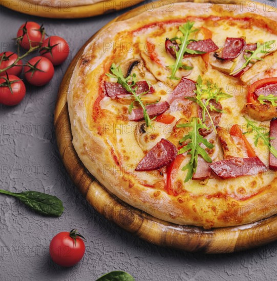 food still-life, Baked round pizza made with salami, tomatoes and mushrooms