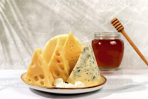 Blue cheese, Roquefort, Parmesan, Mozzarella, Maasdam with honey, Assortment of different types of cheese, Healthy and natural food selection, Advertising postcard for cafe and menu